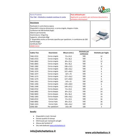 Etichette bianche a modulo continuo TICO Tab 1 corsia 89x23,5 mm - 12 et/foglio - 500 fogli - 6000 etichette - TAB1-0892